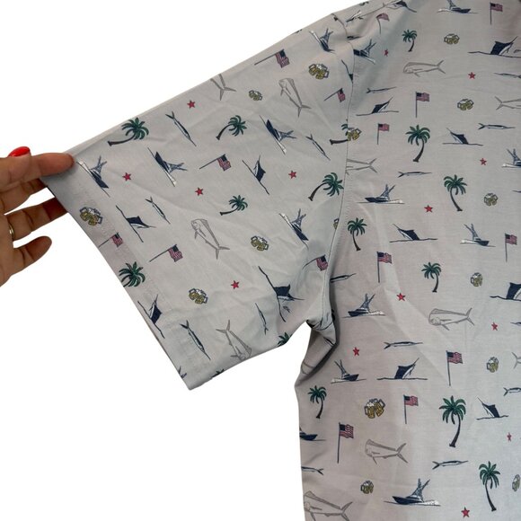 Huk Fishing Beer Boat Marlin Flag Palm Tree Print Performance Shirt Mens XL - Picture 4 of 6